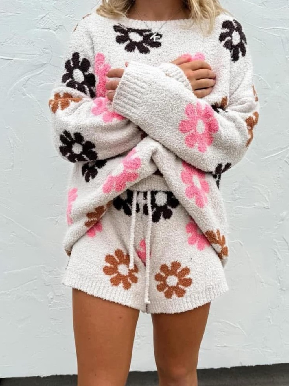 Cozy Floral Knit Lounge Set - Pink & Brown Flowers